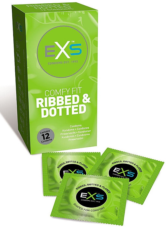 Prezerwatywy paskowane w kropki, 12 szt. - EXS Condoms Comfy Fit Ribbed & Dotted — Zdjęcie N1