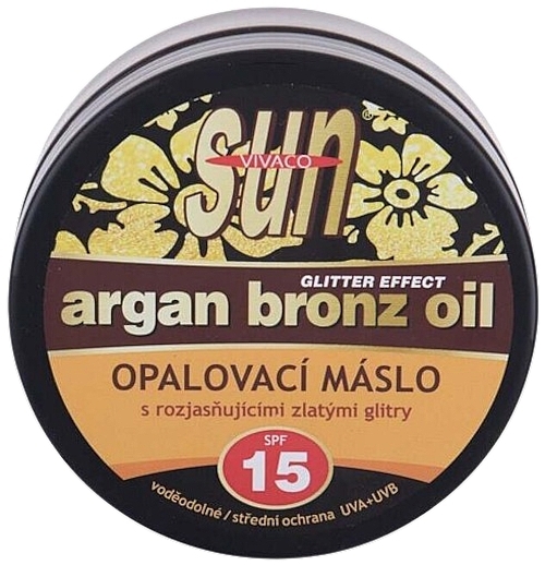 Olejek do opalania z połyskującymi mikrocząsteczkami - Vivaco Sun Argan Bronz Oil Glitter Effect Butter SPF15 — Zdjęcie N1