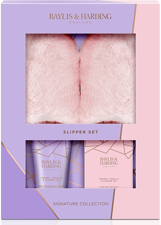 Zestaw - Baylis & Harding Jojoba, Vanilla & Almond Oil Luxury Slipper Gift Set (f/lot/140ml + bath/salt/100g + slippers) — Zdjęcie N1