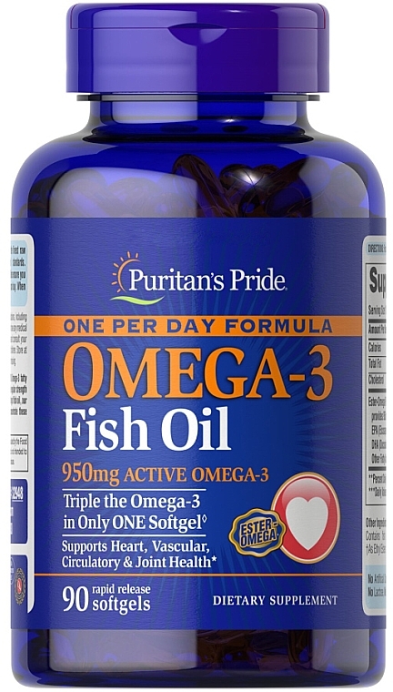 Omega-3, 950 mg, w kapsułkach żelowych - Puritan's Pride One Per Day Omega-3 Fish Oil 950mg Softgels — Zdjęcie N1