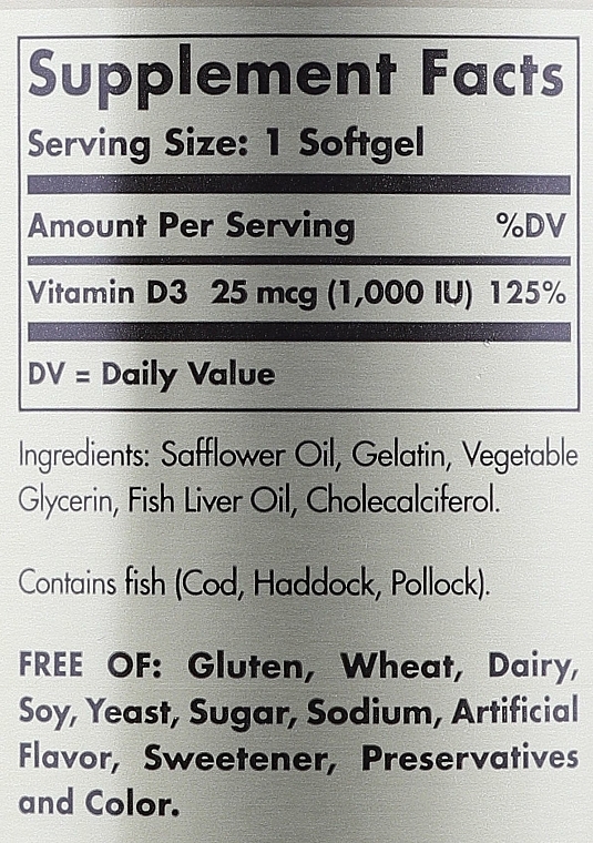 Suplement diety Witamina D - Solgar Vitamin D3 1000 IU Cholekacyferol  — Zdjęcie N7