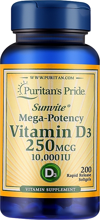 Suplement diety Witamina D3, 25 mcg - Puritan's Pride Premium Sunvite Super-Potency Vitamin D3 10000 IU — Zdjęcie N1