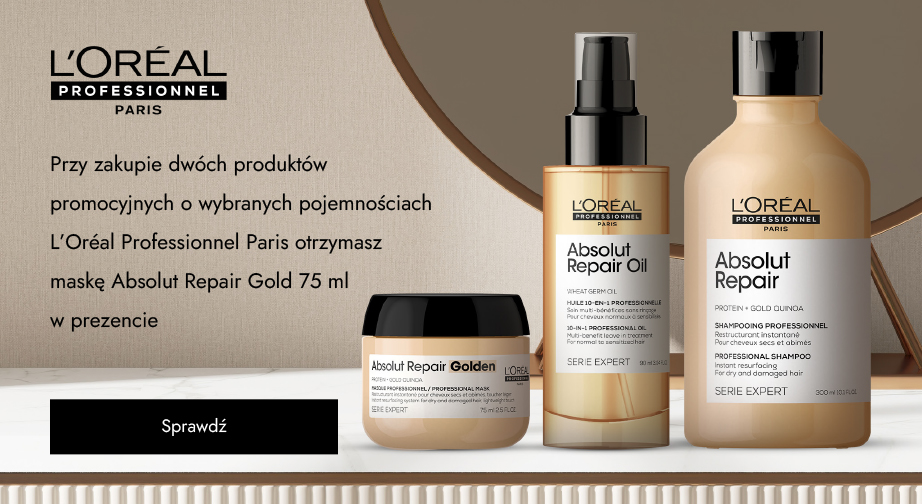 Przy zakupie dwóch produktów promocyjnych o wybranych pojemnościach L'Oréal Professionnel Paris otrzymasz maskę Absolut Repair Gold 75 ml w prezencie.