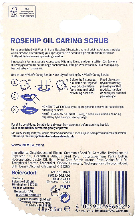 Peeling do ust Olej z dzikiej róży i witamina E - NIVEA Caring Scrub Super Soft Lips Rosehip Oil + Vitamin E — Zdjęcie N2