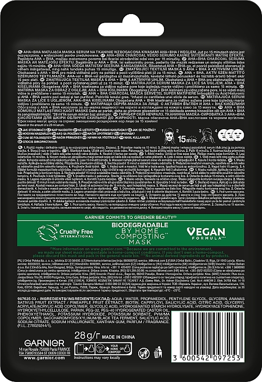 Oczyszczająco-nawilżająca czarna maska na tkaninie zwężająca pory - Garnier Pure Charcoal Black Tissue Mask — Zdjęcie N2