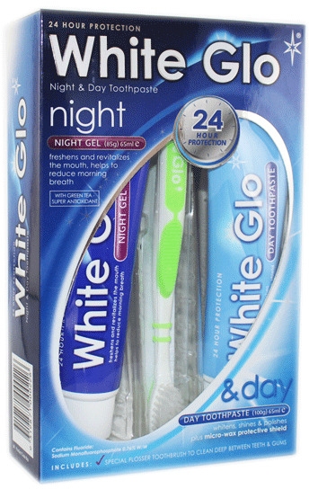 Zestaw do czyszczenia zębów z zieloną szczoteczką - White Glo Night & Day Toothpaste (t/paste/65ml + t/gel/65ml + toothbrush) — фото N1