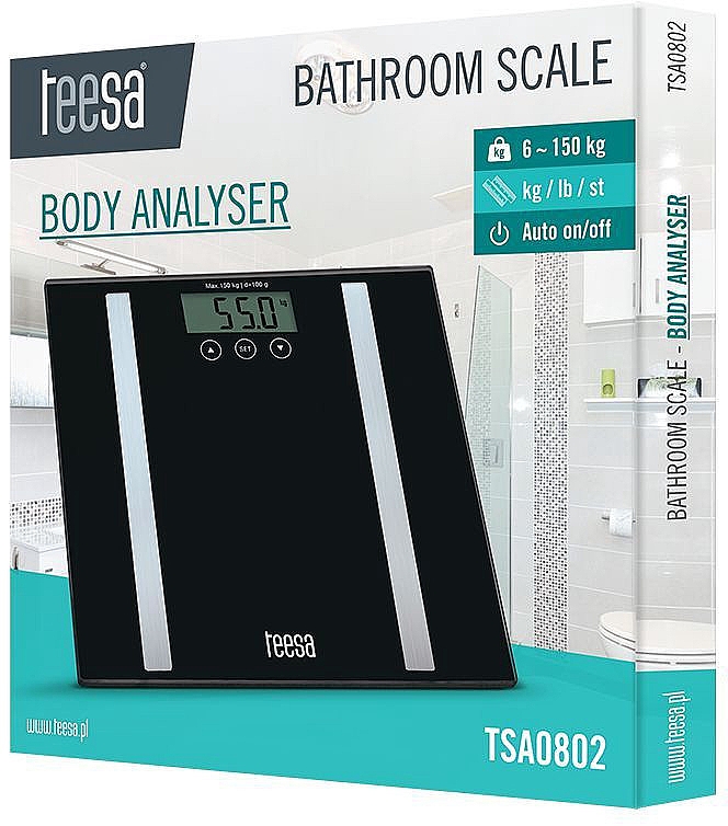 Waga podłogowa, szklana, czarna - Teesa Bathroom Scale Body Analyser TSA0802 — Zdjęcie N2