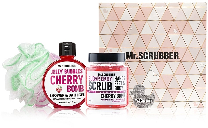 Zestaw - Mr.Scrubber "Cherry Bomb" (body/scr/300 g + sh/gel/300 ml + sh/sponge) — Zdjęcie N1