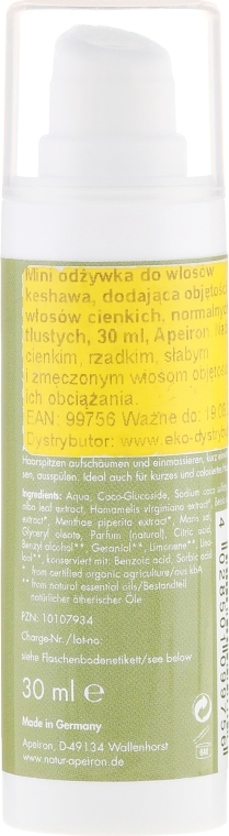 Odżywka zwiększająca objętość włosów normalnych, cienkich i przetłuszczających się - Apeiron Keshawa Volume Conditioner (miniprodukt) — Zdjęcie N2