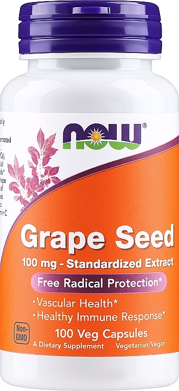 Suplement diety z ekstraktem z pestek winogron w kapsułkach, 100 mg - Now Foods Grape Seed 100mg Standardized Extract  — Zdjęcie N1