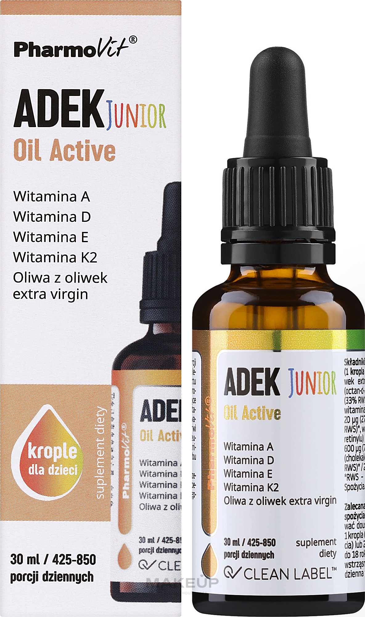 Witaminy ADEK w kroplach - Pharmovit Clean Label ADEK Junior Oil Active — Zdjęcie 30 ml