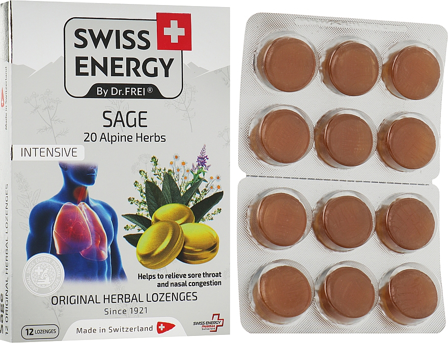 20 pastylek do ssania na gardło na bazie naturalnych ziół alpejskich i szałwii - Swiss Energy 20 Alpine Herbs Sage