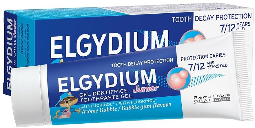 PRZECENA! Pasta do zębów dla dzieci o smaku gumy balonowej - Elgydium Toothpaste Gel Junior Decay Protection 7/12 Years Old Bubble Aroma * — Zdjęcie N1