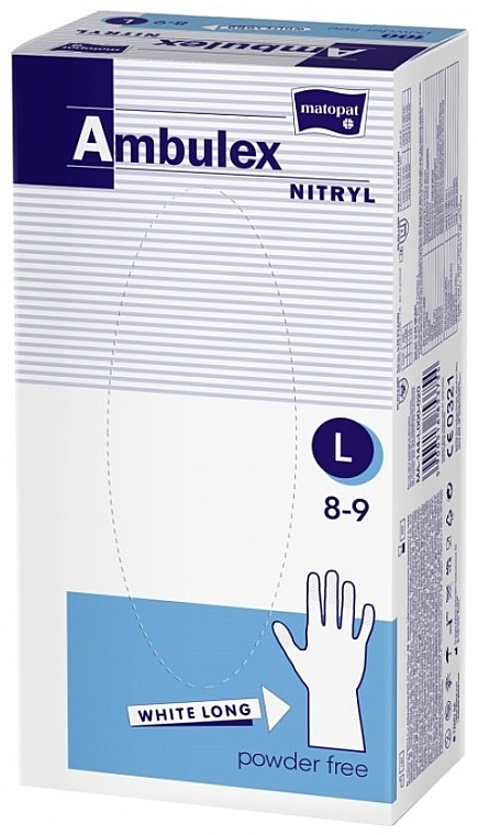 Rękawice nitrylowe, bezpudrowe, białe, rozmiar L, 100 szt. - Matopat Ambulex — Zdjęcie N1