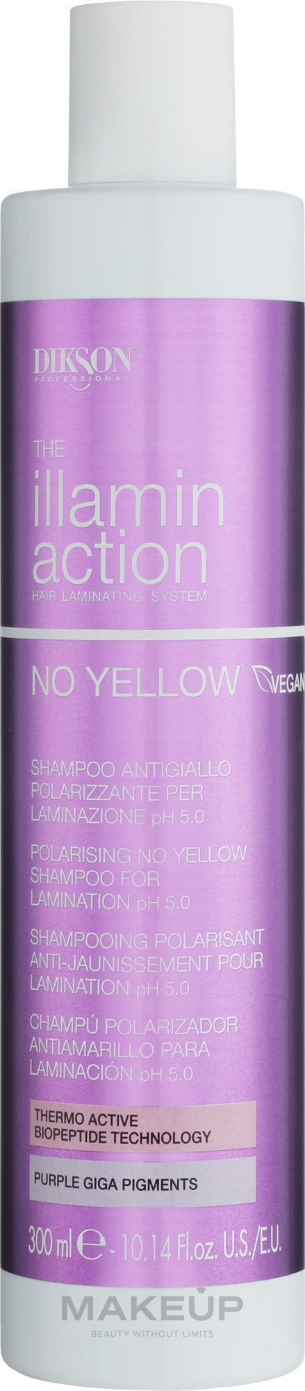 Szampon neutralizujący żółte odcienie do laminowania włosów - Dikson Illaminaction No Yellow Polarising No Yellow Shampoo For Lamination pH 5.5 — Zdjęcie 300 ml