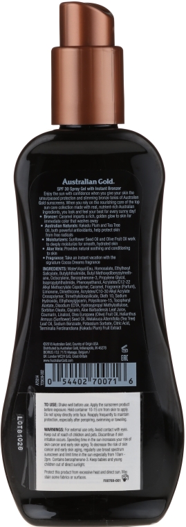 Przeciwsłoneczny żel-spray do opalania - Australian Gold Protetor Solar Gel Spray Bronzeador SPF30 — Zdjęcie N2