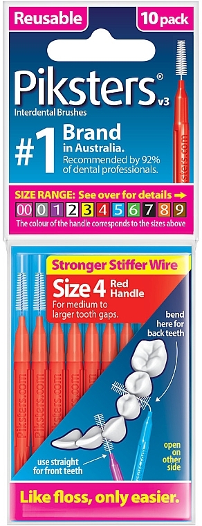 Szczoteczki międzyzębowe 4, czerwone, 10 sztuk - Piksters Interdental Brushes Red Size 4 — Zdjęcie N1