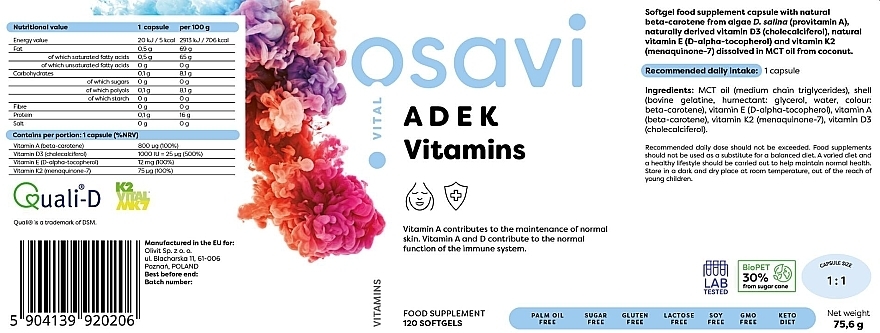 Kapsułki witaminowe ADEK, w kapsułkach miękkich - Osavi — Zdjęcie N3