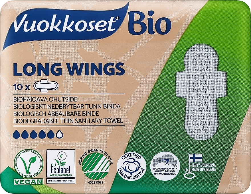 Podpaski higieniczne ze skrzydełkami, 10 szt. - Vuokkoset BIO Long Wings — Zdjęcie N1