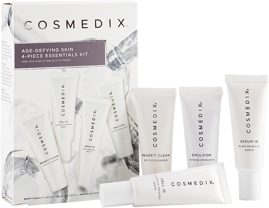 Zestaw - Cosmedix Age Defying Skin 4-Piece Essentials Kit (f/cleanser 15 ml + f/ser 15 ml + f/ser 15 ml + f/cr 15 ml) — Zdjęcie N1
