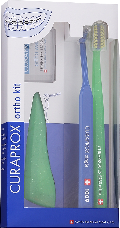Zestaw ortodontyczny, opcja 7 (jasnozielony, granatowy) - Curaprox Ortho Kit (brush/1pcs + brushes 07,14,18/3pcs + UHS/1pcs + orthod/wax/1pcs + box) — Zdjęcie N1