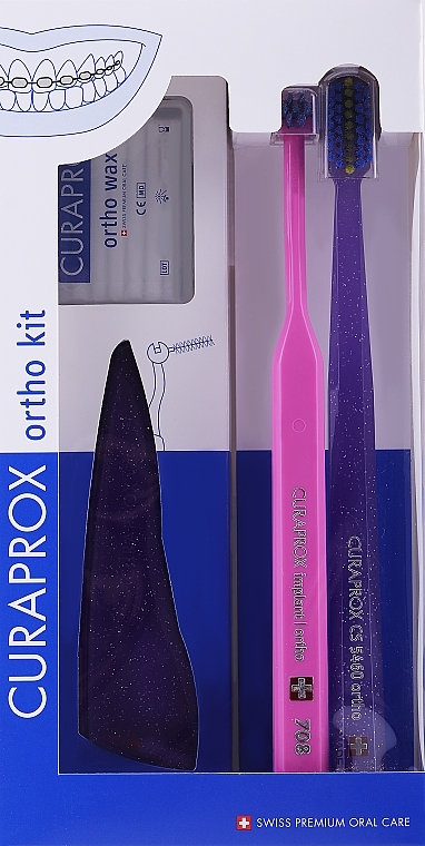 Zestaw, opcja 41 (fioletowy, różowy, fioletowy) - Curaprox Ortho Kit (brush/1pcs + brushes 07,14,18/3pcs + UHS/1pcs + orthod/wax/1pcs + box) — Zdjęcie N1