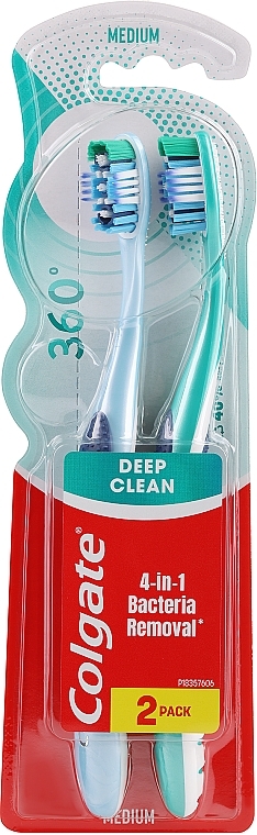 Szczoteczka do zębów 360 Deep Clean, średnia, 1+1, niebieska + jasno zielona - Colgate — Zdjęcie N2