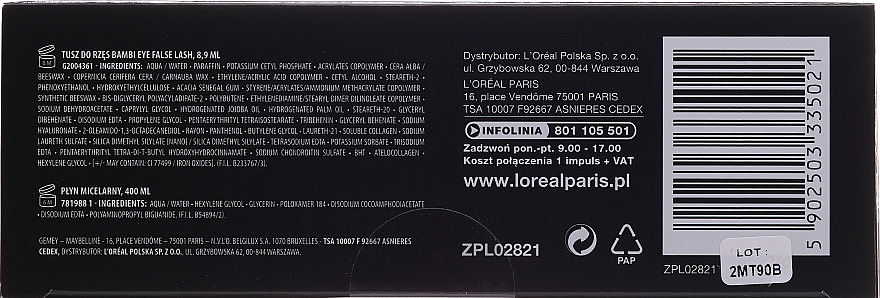 Zestaw - L'Oreal Paris Make-up Set (mascara 8,9 ml + mic/water 400 ml) — Zdjęcie N2