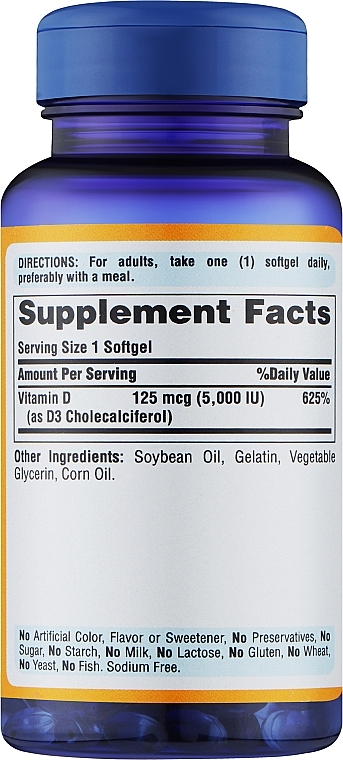 Suplement diety Witamina D3 - Puritan's Pride Mega-Potency Vitamin D3 5000 IU — Zdjęcie N2