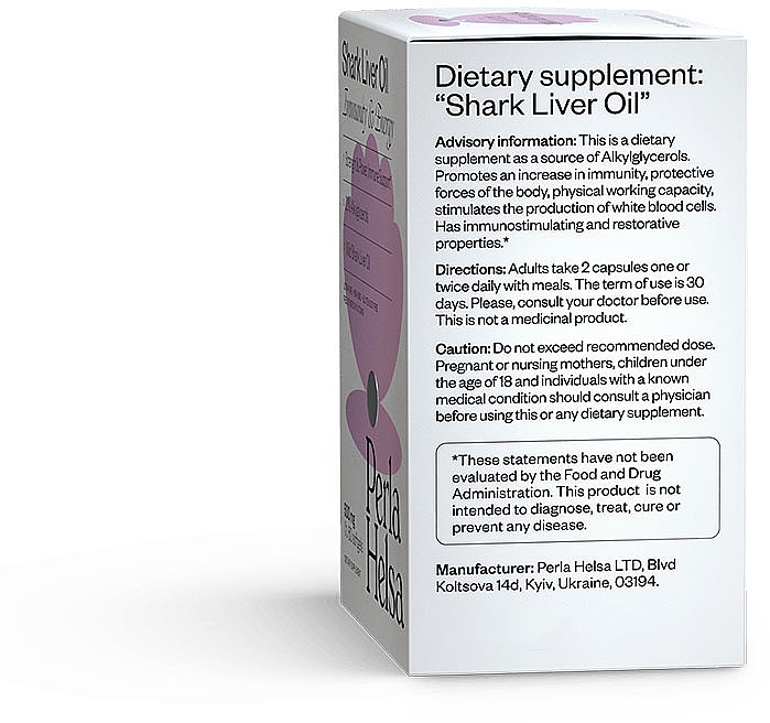 Suplement diety Tran rybi z wątroby rekina, 500 mg, 60 kapsułek - Perla Helsa Shark Liver Oil Immunity & Energy Dietary Supplement — Zdjęcie N3