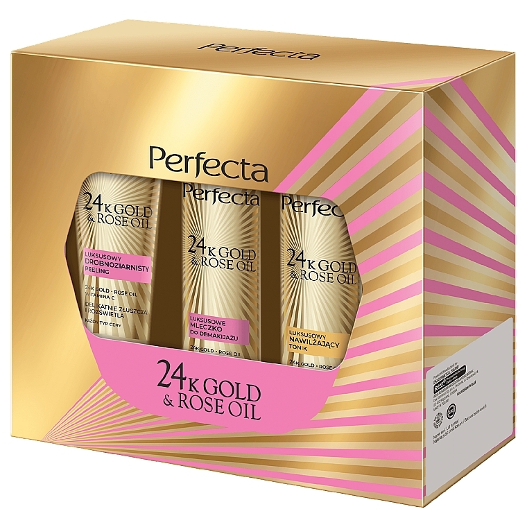 Zestaw - Perfecta 24k Gold & Rose Oil (ton/20ml + milk/200ml+peel/75g) — Zdjęcie N1