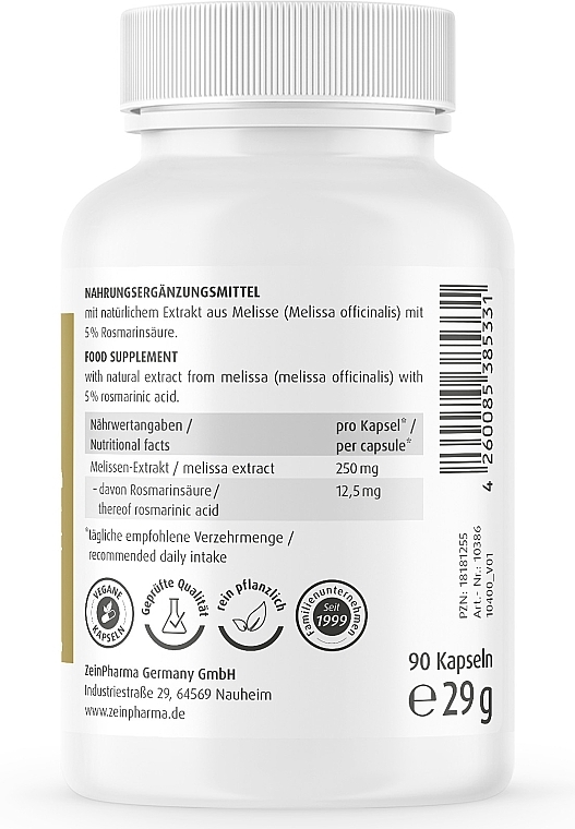 Suplement diety Ekstrakt z melisy, 250 mg - Zein Pharma Melissa Extract 250mg Capsules — Zdjęcie N3