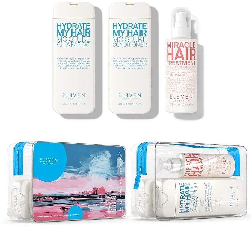 Zestaw - Eleven Australia Hydrate Holiday Trio (shm/300ml + cond/300ml + h/spray/125ml + bag) — Zdjęcie N1