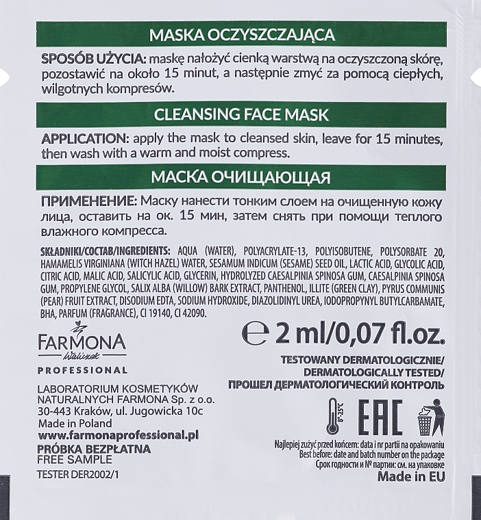 Maseczka oczyszczająca do twarzy - Farmona Professional Derma Acne+ Cleansing Face Mask (próbka) — Zdjęcie N2