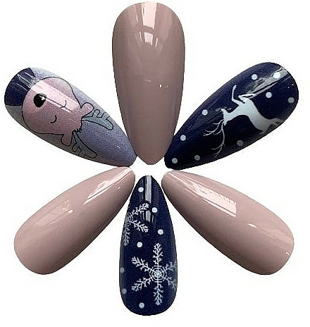 Sztuczne paznokcie, beżowo-granatowe w świąteczne wzory - Deni Carte — Zdjęcie N2
