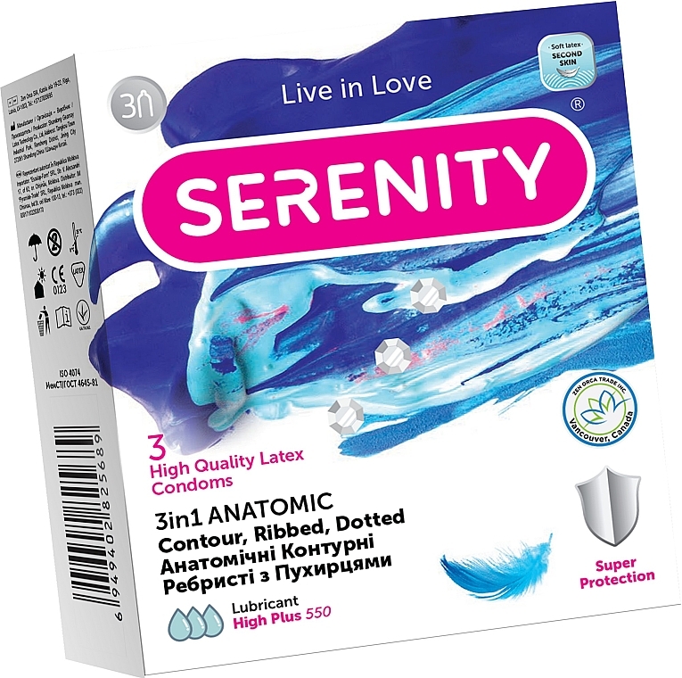 Prezerwatywy prążkowane anatomiczne z bąbelkami, 3 szt. - Serenity Ultra Thin — Zdjęcie N1