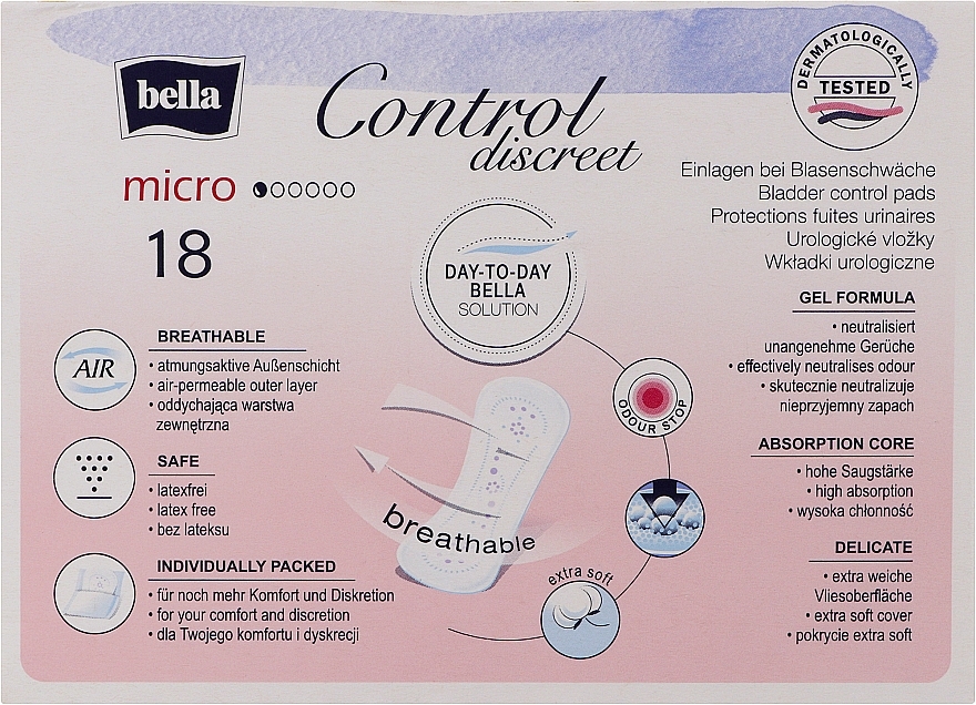 Wkładki urologiczne, 18 szt. - Bella Control Discreet Micro Bladder Control Pads — Zdjęcie N2