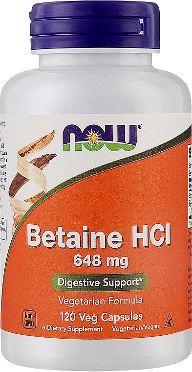 Kapsułki wegetariańskie na prawidłowe trawienie Betaina 648 mg + pepsyna - Now Foods Betaine HCl — Zdjęcie N1