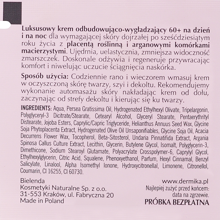 Rewitalizujący i wygładzający krem - Dermika Luxury Placenta 60+ (próbka) — Zdjęcie N2