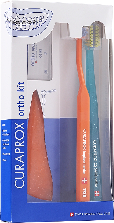 Zestaw do zębów, opcja 30, pomarańczowy i niebieski - Curaprox Ortho Kit (brush/1pcs + brushes 07,14,18/3pcs + UHS/1pcs + orthod/wax/1pcs + box) — Zdjęcie N1