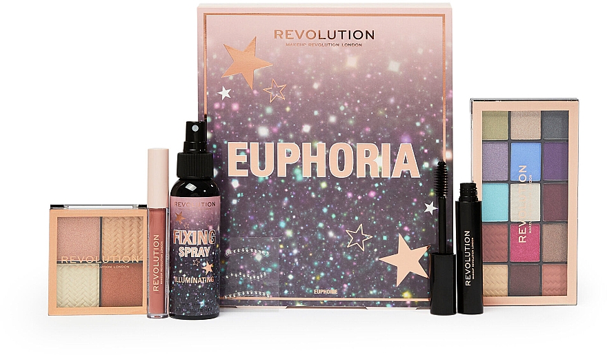 Zestaw - Makeup Revolution Euphoria Makeup Gift Set (eyeshadow/15x1.1g + highlighter/4x1.1g + fix/spray/95ml + lipstick/2.5ml + mascara/7ml + face jewels) — Zdjęcie N1