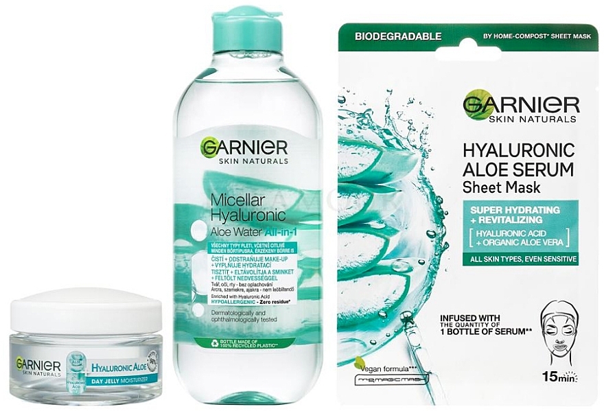 Zestaw - Garnier Skin Naturals Hyaluronic Aloe (micellar/water/400ml + gel/50ml + mask/28g) — Zdjęcie N2