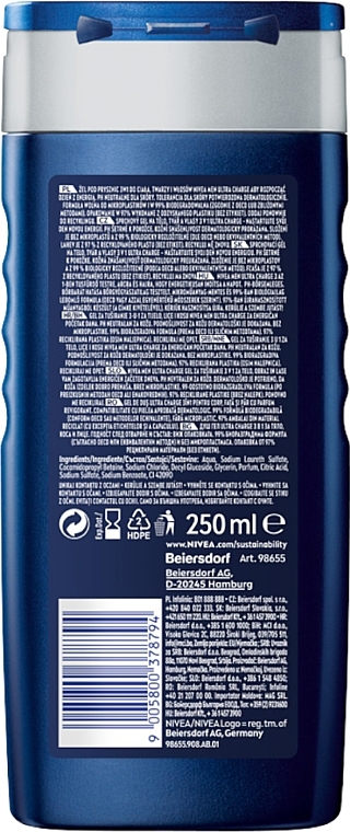 Żel pod prysznic 3 w 1 do ciała, twarzy i włosów - Nivea Men Ultra Charge Limited Football Edition — Zdjęcie N2