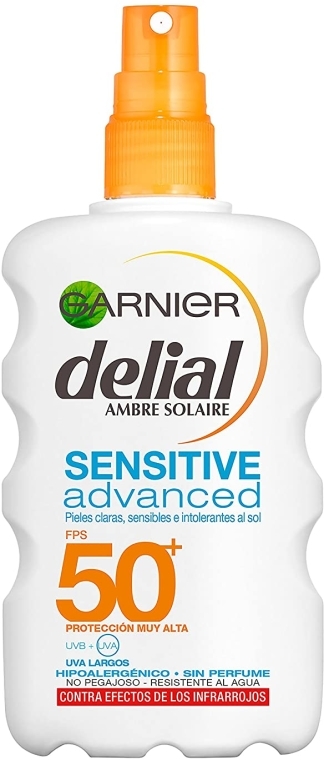 Spray przeciwsłoneczny dla skóry wrażliwej z filtrem SPF 50 - Garnier Delial Ambre Solaire Advanced Sensitive Sunscreen Spray — Zdjęcie N1