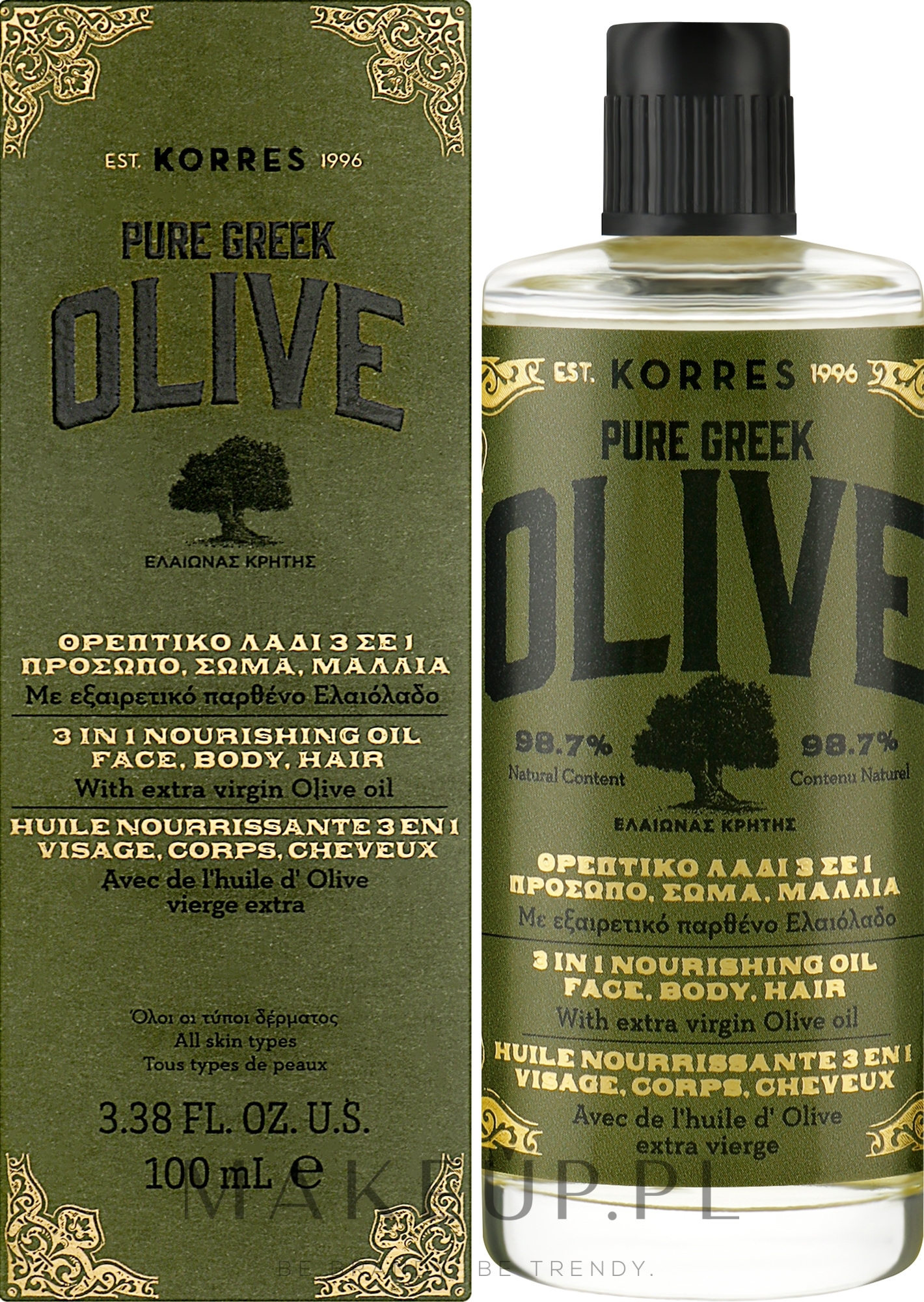 Odżywczy olejek do ciała, twarzy i włosów 3 w 1 - Korres Pure Greek Olive 3 in 1 Nourishing Oil — Zdjęcie 100 ml