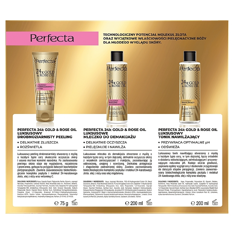 Zestaw - Perfecta 24k Gold & Rose Oil (ton/20ml + milk/200ml+peel/75g) — Zdjęcie N2