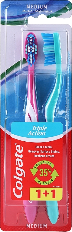 Zestaw szczoteczek do zębów Potrójne działanie, średnio twarde, 2 szt., różowa + turkusowa - Colgate Triple Action Medium — Zdjęcie N1