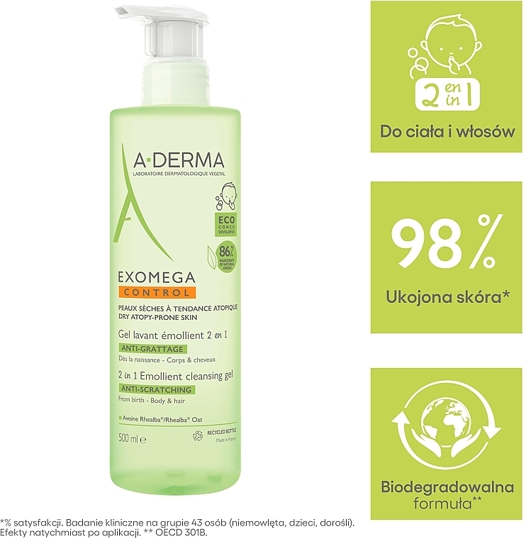 Emolientowy żel dla dzieci do mycia włosów i skóry suchej skłonnej do atopii - A-Derma Exomega Control Emollient Cleansing Gel — Zdjęcie N3