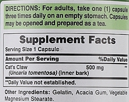 Suplement diety Koci Pazur, 500 mg - Puritan's Pride Cat's Claw — Zdjęcie N3