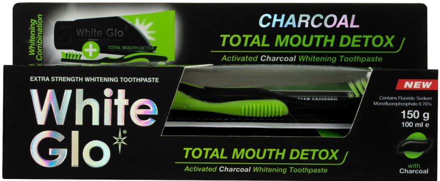 Zestaw Całkowity detox z czarno-zieloną szczoteczką - White Glo Charcoal Total Mouth Detox (toothpaste 150 g + toothbrush) — Zdjęcie N1